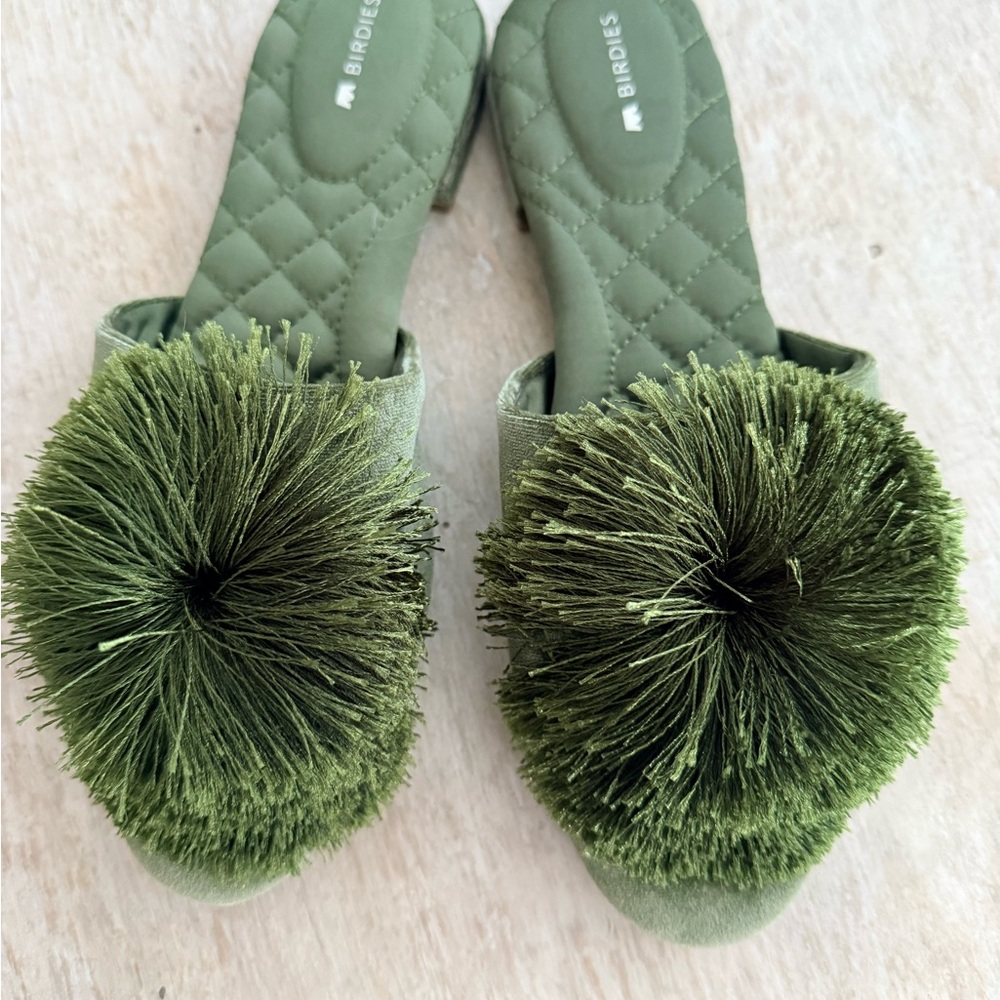Birdies Olive Pom Pom Slide Sandals